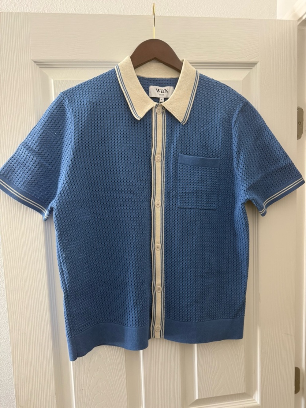 Wax London Blue Knit Polo with Cream Trim